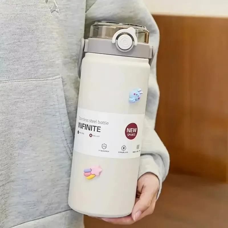 1.2L Large Capacity Bottle with Straw Stainless Steel Double Drinking Straw Thermal Water Bottle Keep Cold and Hot Thermos Cup