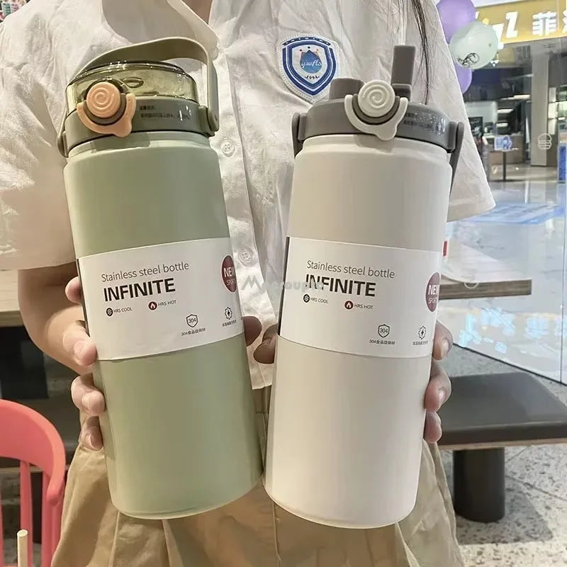 1.2L Large Capacity Bottle with Straw Stainless Steel Double Drinking Straw Thermal Water Bottle Keep Cold and Hot Thermos Cup