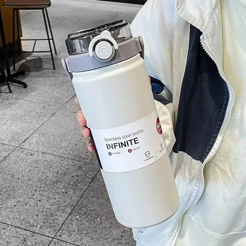 1.2L Large Capacity Bottle with Straw Stainless Steel Double Drinking Straw Thermal Water Bottle Keep Cold and Hot Thermos Cup
