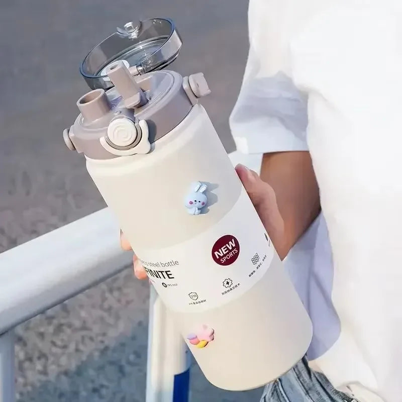1.2L Large Capacity Bottle with Straw Stainless Steel Double Drinking Straw Thermal Water Bottle Keep Cold and Hot Thermos Cup