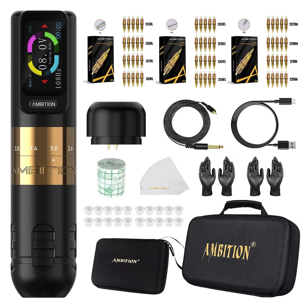 Ambition Seher 2400mAh Powerful Motor 2.2-4.2mm Adjustable Stroke Tattoo Gun Set Wireless Tattoo Machine Pen Complete Full Kit