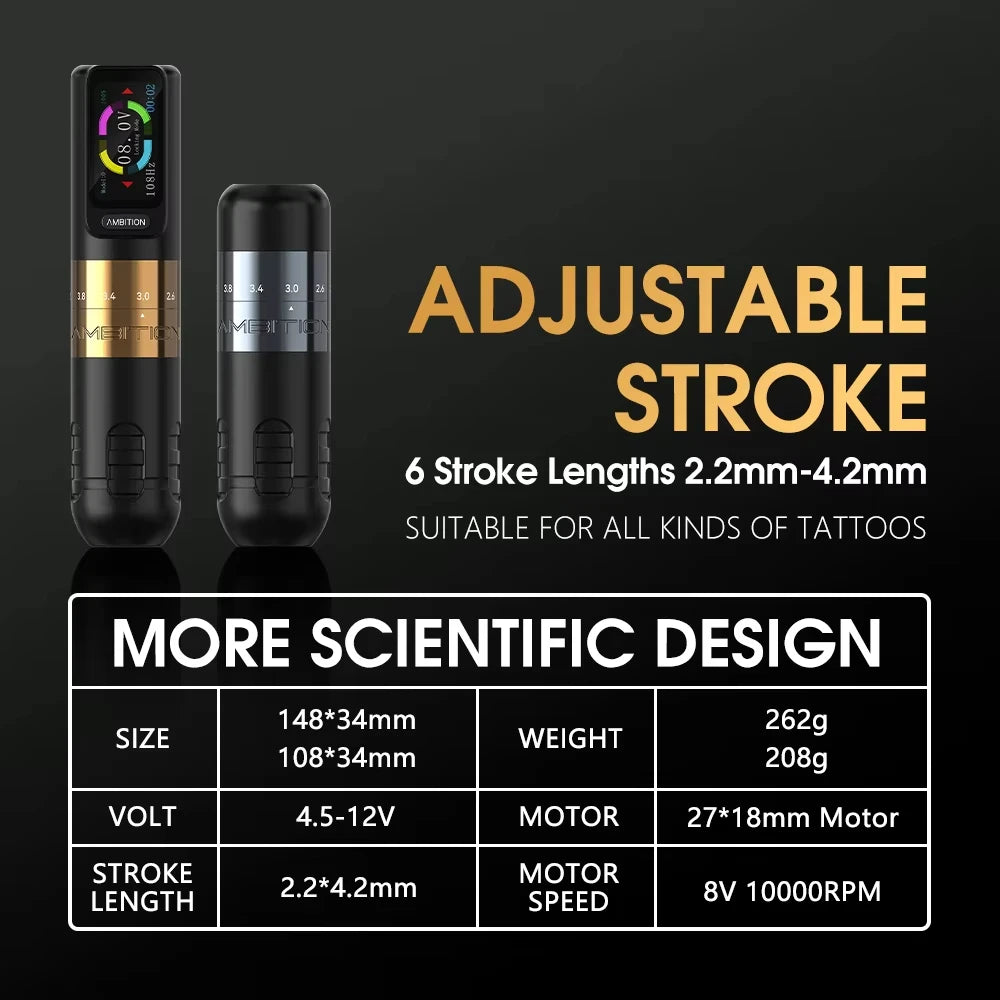 Ambition Seher 2400mAh Powerful Motor 2.2-4.2mm Adjustable Stroke Tattoo Gun Set Wireless Tattoo Machine Pen Complete Full Kit