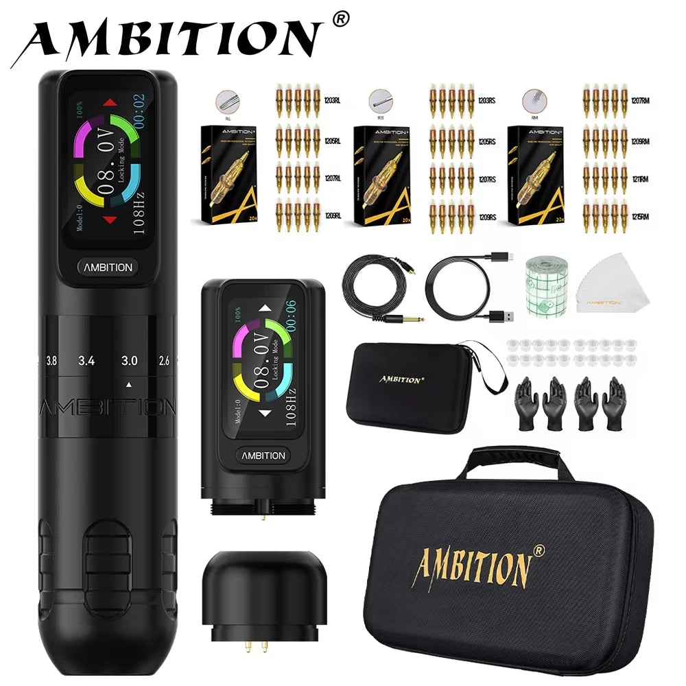 Ambition Seher 2400mAh Powerful Motor 2.2-4.2mm Adjustable Stroke Tattoo Gun Set Wireless Tattoo Machine Pen Complete Full Kit