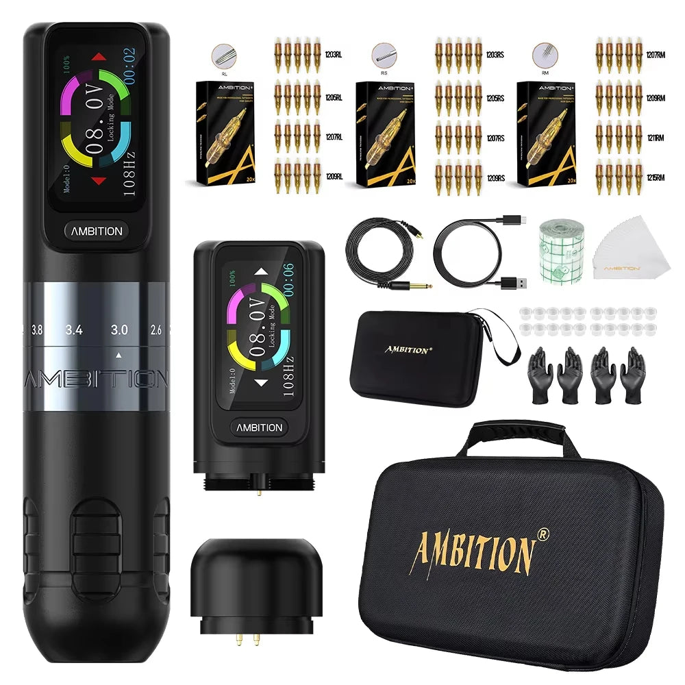 Ambition Seher 2400mAh Powerful Motor 2.2-4.2mm Adjustable Stroke Tattoo Gun Set Wireless Tattoo Machine Pen Complete Full Kit