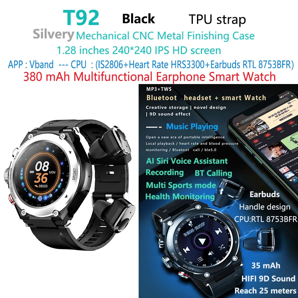 T92 Smart Watch with Earbuds 2-in-1 Music Player Heart Rate & Blood Pressure Monitor Waterproof IP67 Answer Calls with Earphones