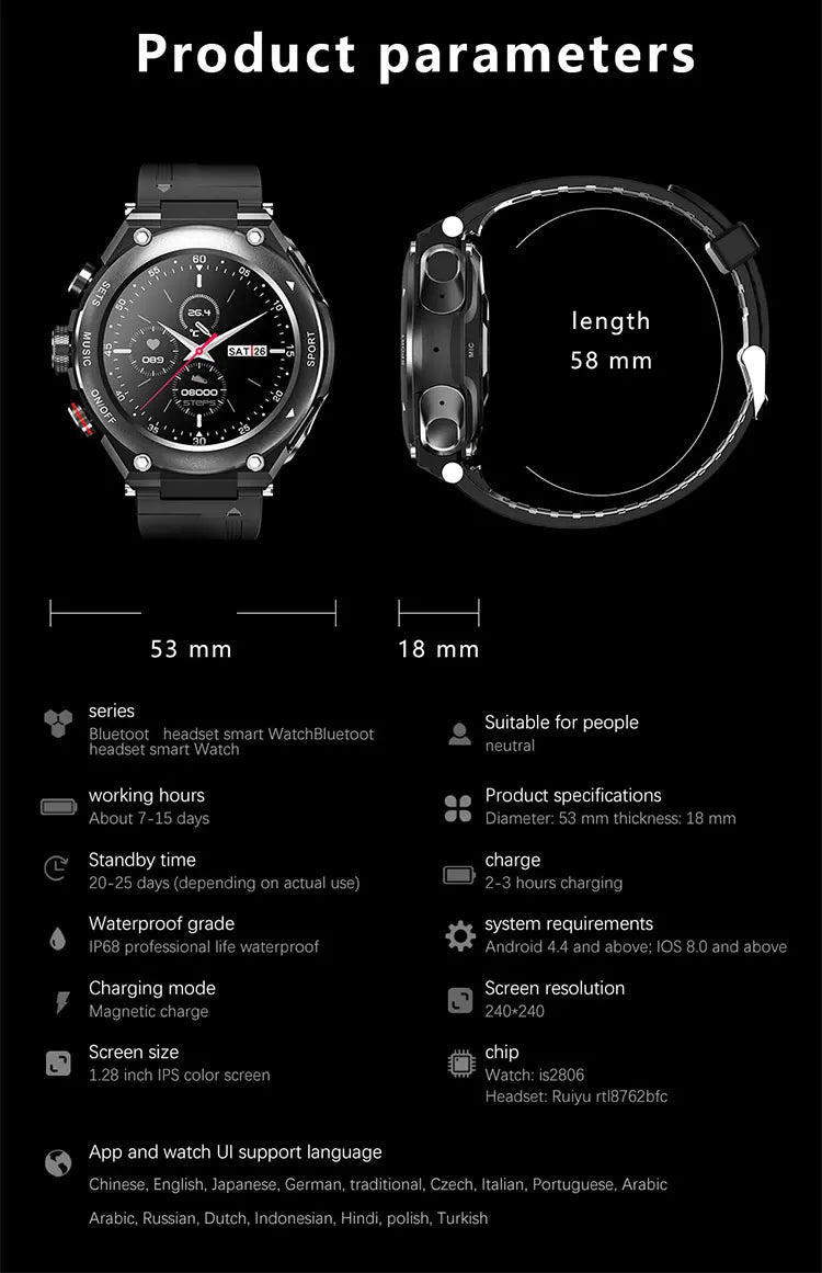 T92 Smart Watch with Earbuds 2-in-1 Music Player Heart Rate & Blood Pressure Monitor Waterproof IP67 Answer Calls with Earphones