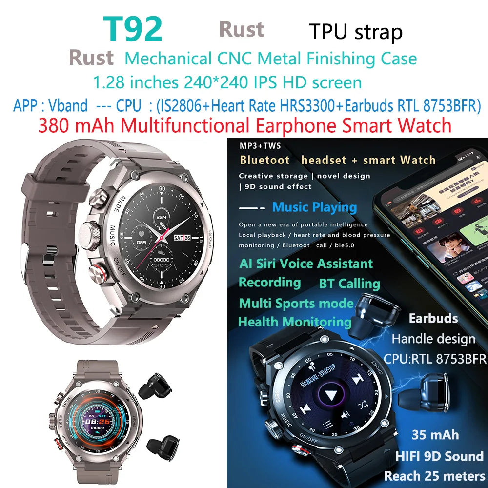 T92 Smart Watch with Earbuds 2-in-1 Music Player Heart Rate & Blood Pressure Monitor Waterproof IP67 Answer Calls with Earphones