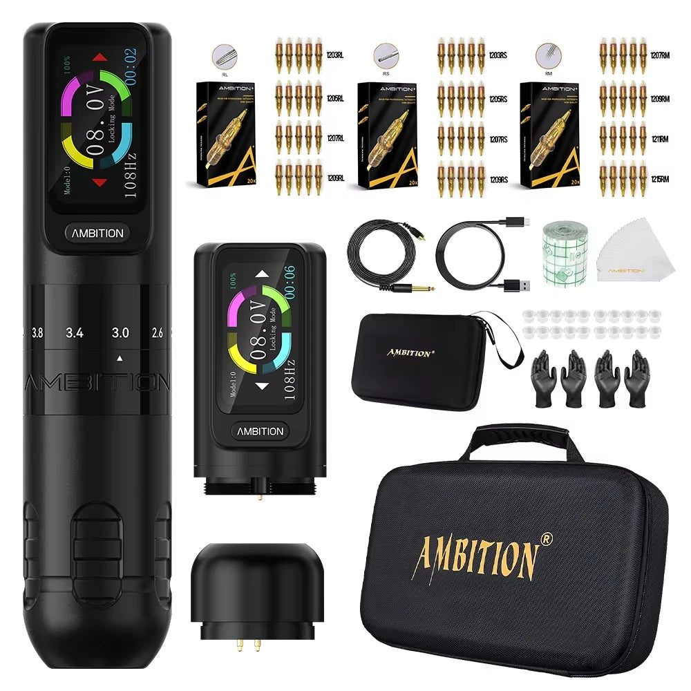 Ambition Seher 2400mAh Powerful Motor 2.2-4.2mm Adjustable Stroke Tattoo Gun Set Wireless Tattoo Machine Pen Complete Full Kit