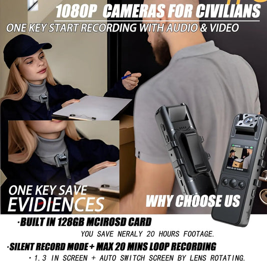 1.4 Inch Screen Body Camera with Audio and Auto Video Night Vision 1080P FHD Mini Wearable Body Worn Cam Portable