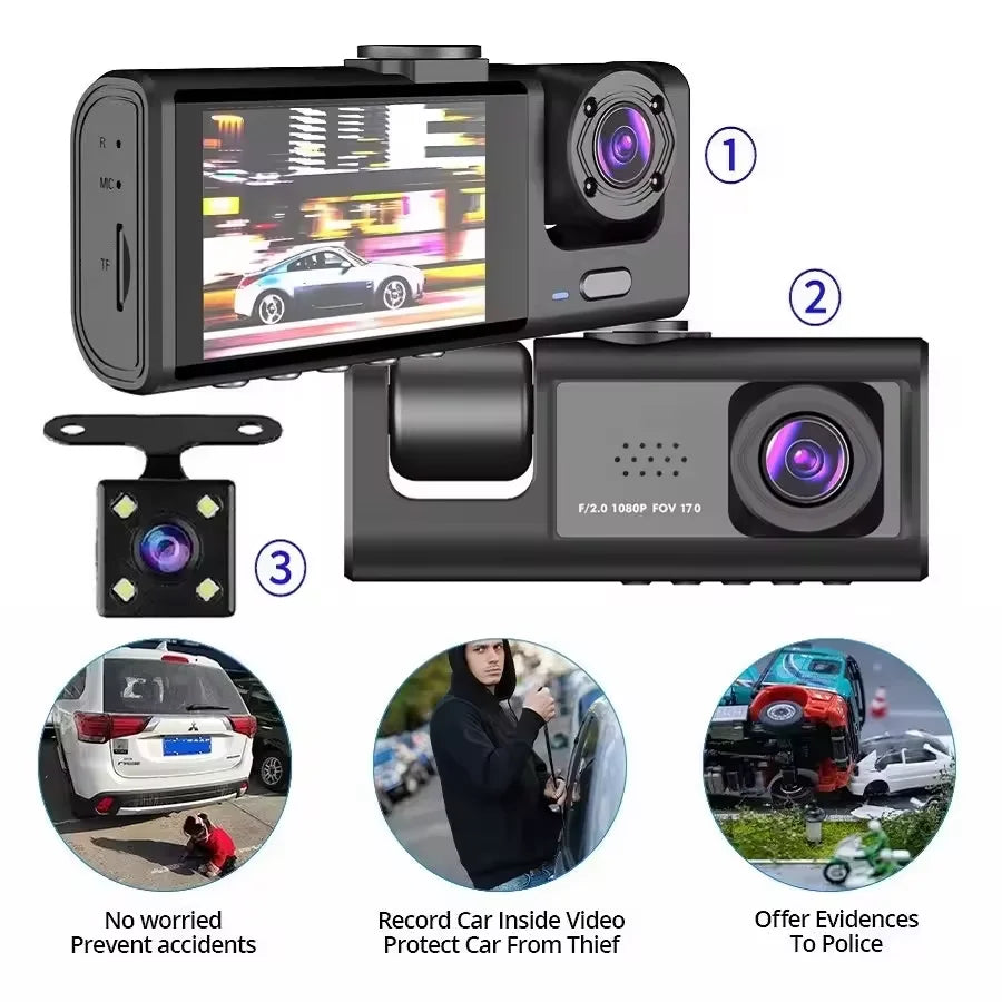 3 Lens Camera Car DVR Dash Cam 1080P Full Hd Front Wide Angle IR Inner Reverse Video Recorder Driver Car Black Box