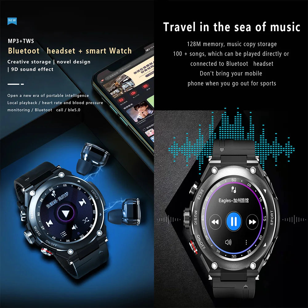 T92 Smart Watch with Earbuds 2-in-1 Music Player Heart Rate & Blood Pressure Monitor Waterproof IP67 Answer Calls with Earphones