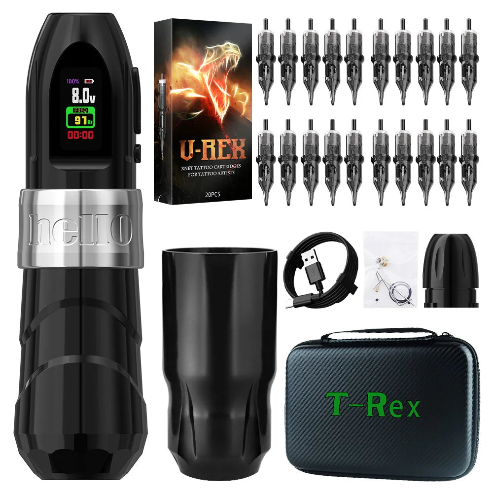 XNET 2400mAh Electric Tattoo Gun 4.0mm Stroke Professional Wireless Tattoo Pen Machine Kit with 20pcs Cartridge Spare Grip