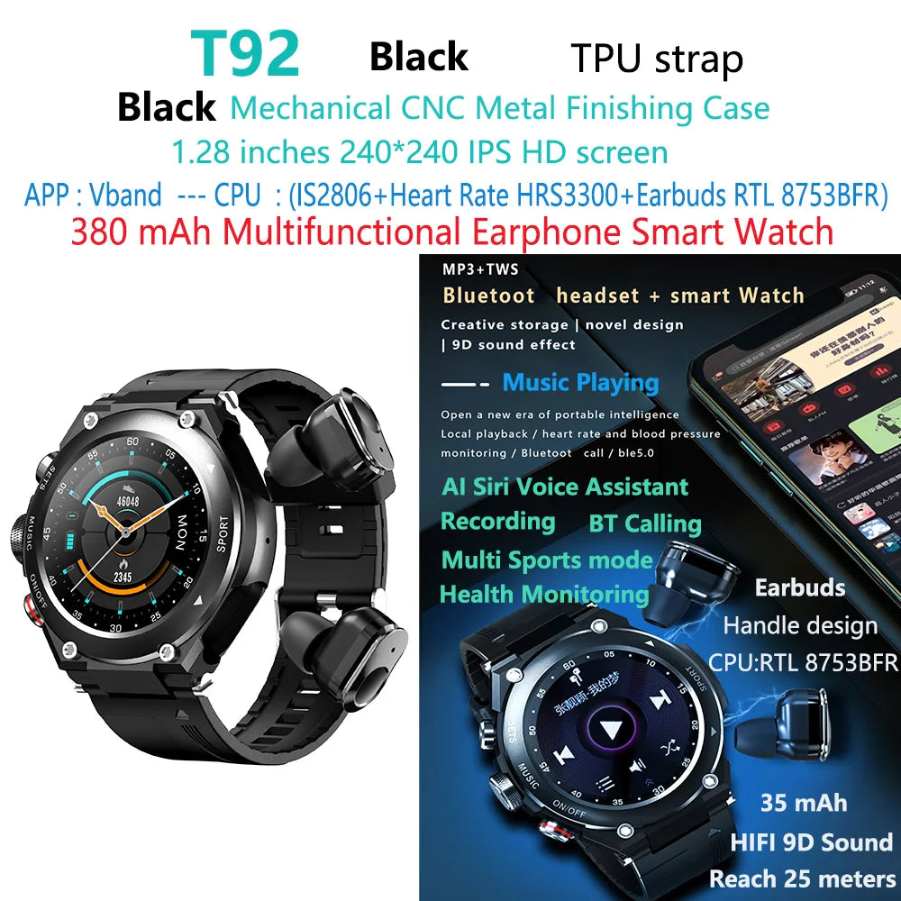 T92 Smart Watch with Earbuds 2-in-1 Music Player Heart Rate & Blood Pressure Monitor Waterproof IP67 Answer Calls with Earphones