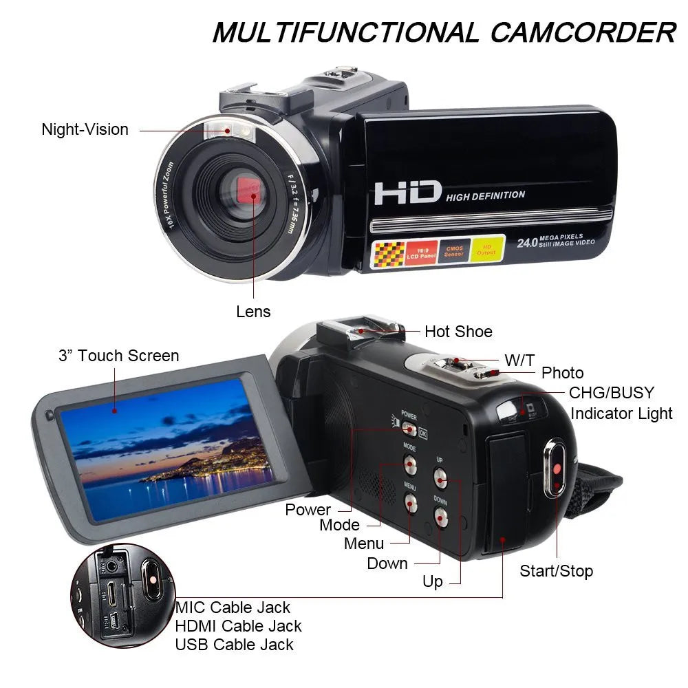 Popular Professional HDV Night Vision Recorder Camcorder Full hd 1080p 24mp Remote Control Mini Camera Digital Video Camera