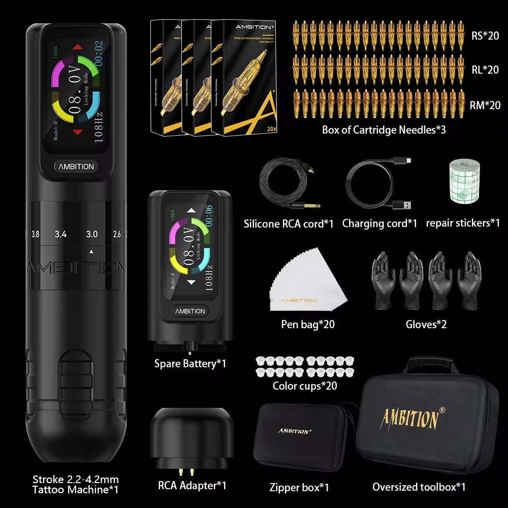 Ambition Seher 2400mAh Powerful Motor 2.2-4.2mm Adjustable Stroke Tattoo Gun Set Wireless Tattoo Machine Pen Complete Full Kit
