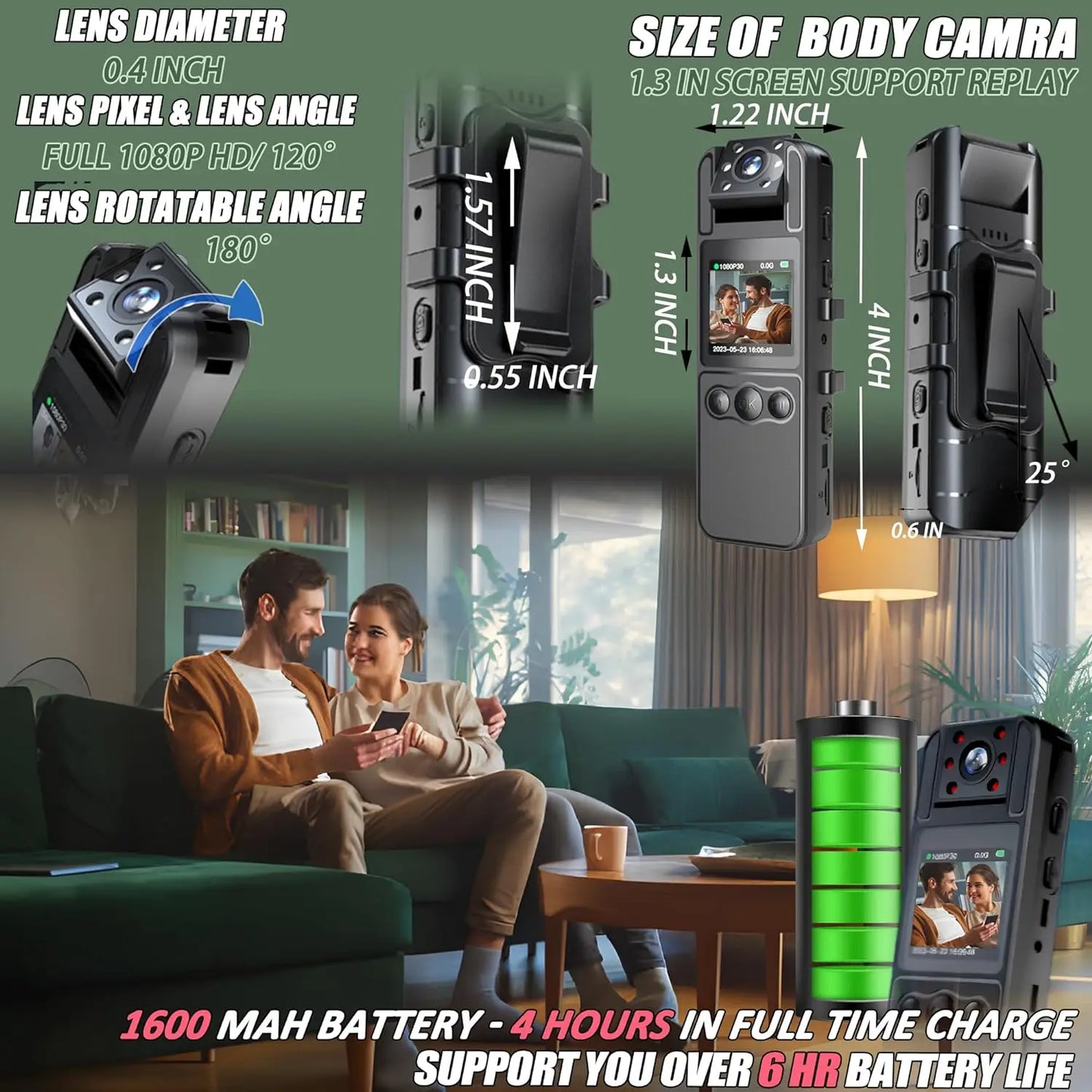 1.4 Inch Screen Body Camera with Audio and Auto Video Night Vision 1080P FHD Mini Wearable Body Worn Cam Portable