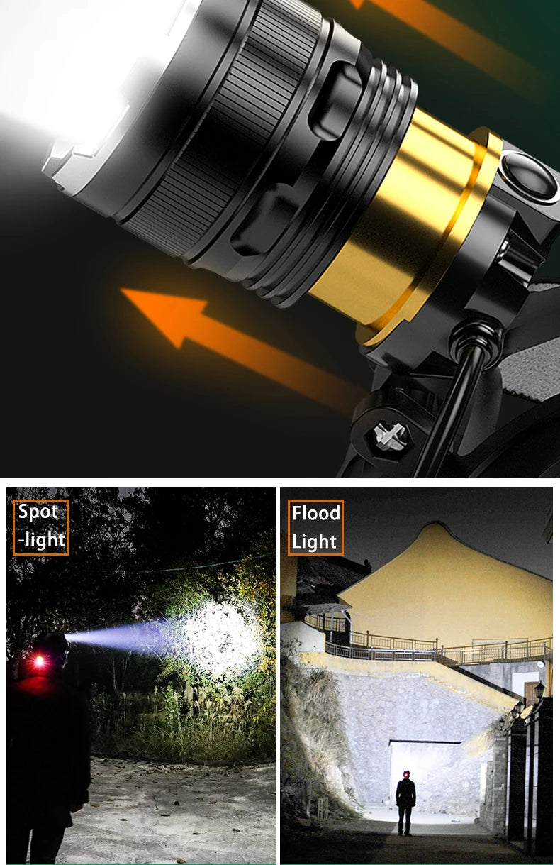 XHP90.2 Super Powerful Headlamp Rechargeable Head Flashlight High Power Head Lamp 1000Meters Headlight 2*18650 Fishing Lantern