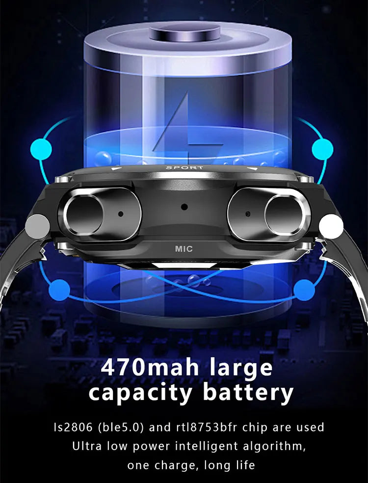 T92 Smart Watch with Earbuds 2-in-1 Music Player Heart Rate & Blood Pressure Monitor Waterproof IP67 Answer Calls with Earphones