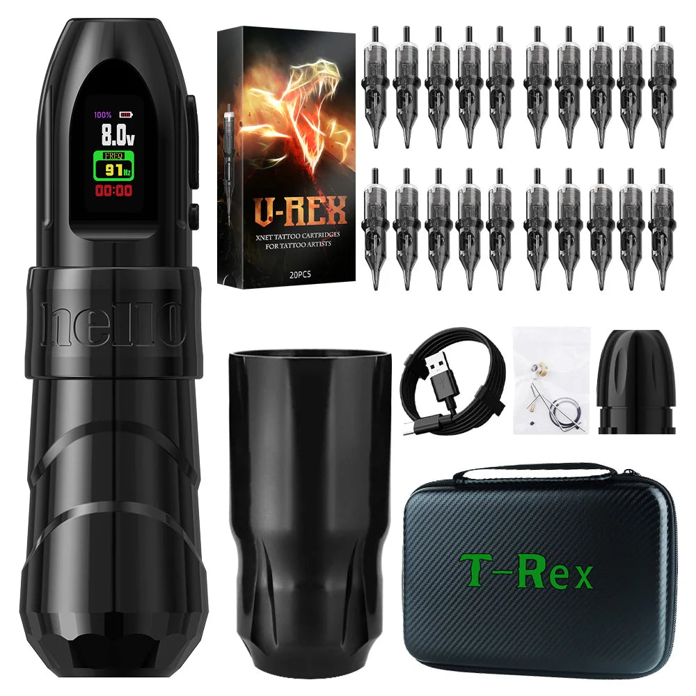 XNET 2400mAh Electric Tattoo Gun 4.0mm Stroke Professional Wireless Tattoo Pen Machine Kit with 20pcs Cartridge Spare Grip