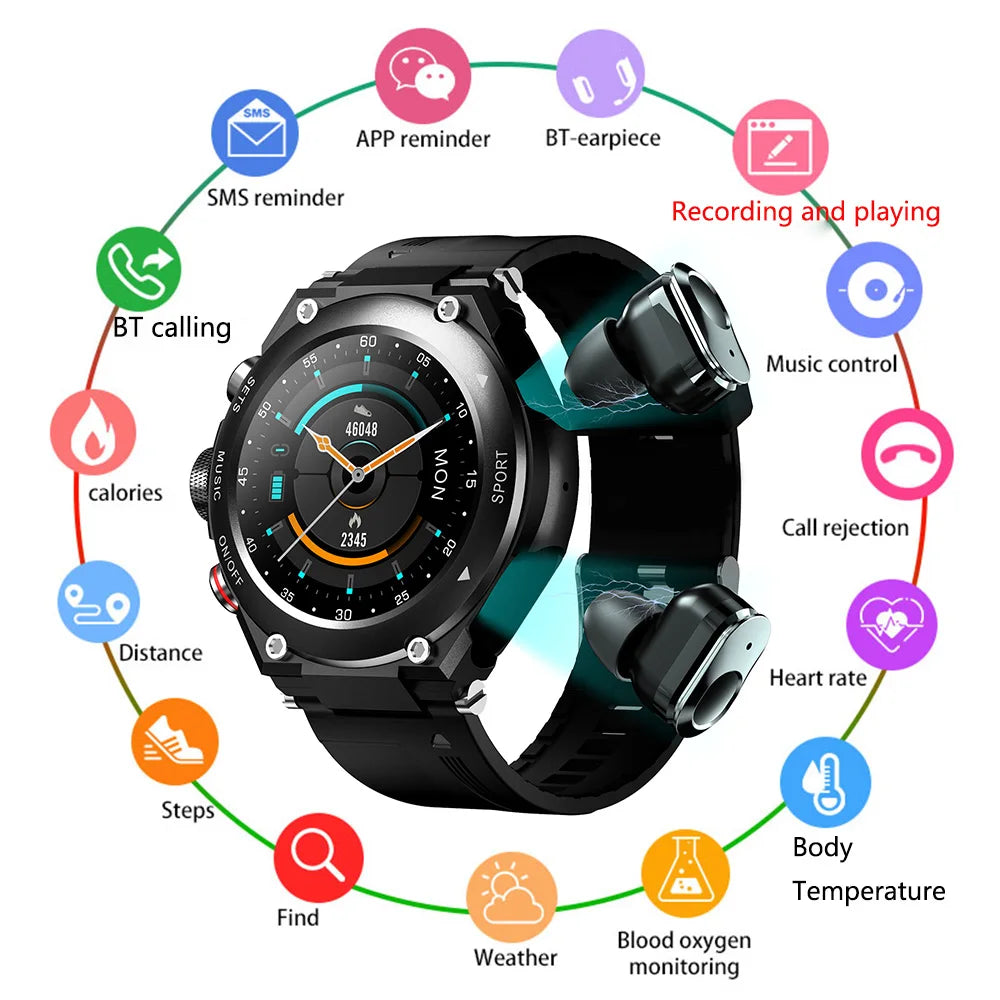 T92 Smart Watch with Earbuds 2-in-1 Music Player Heart Rate & Blood Pressure Monitor Waterproof IP67 Answer Calls with Earphones