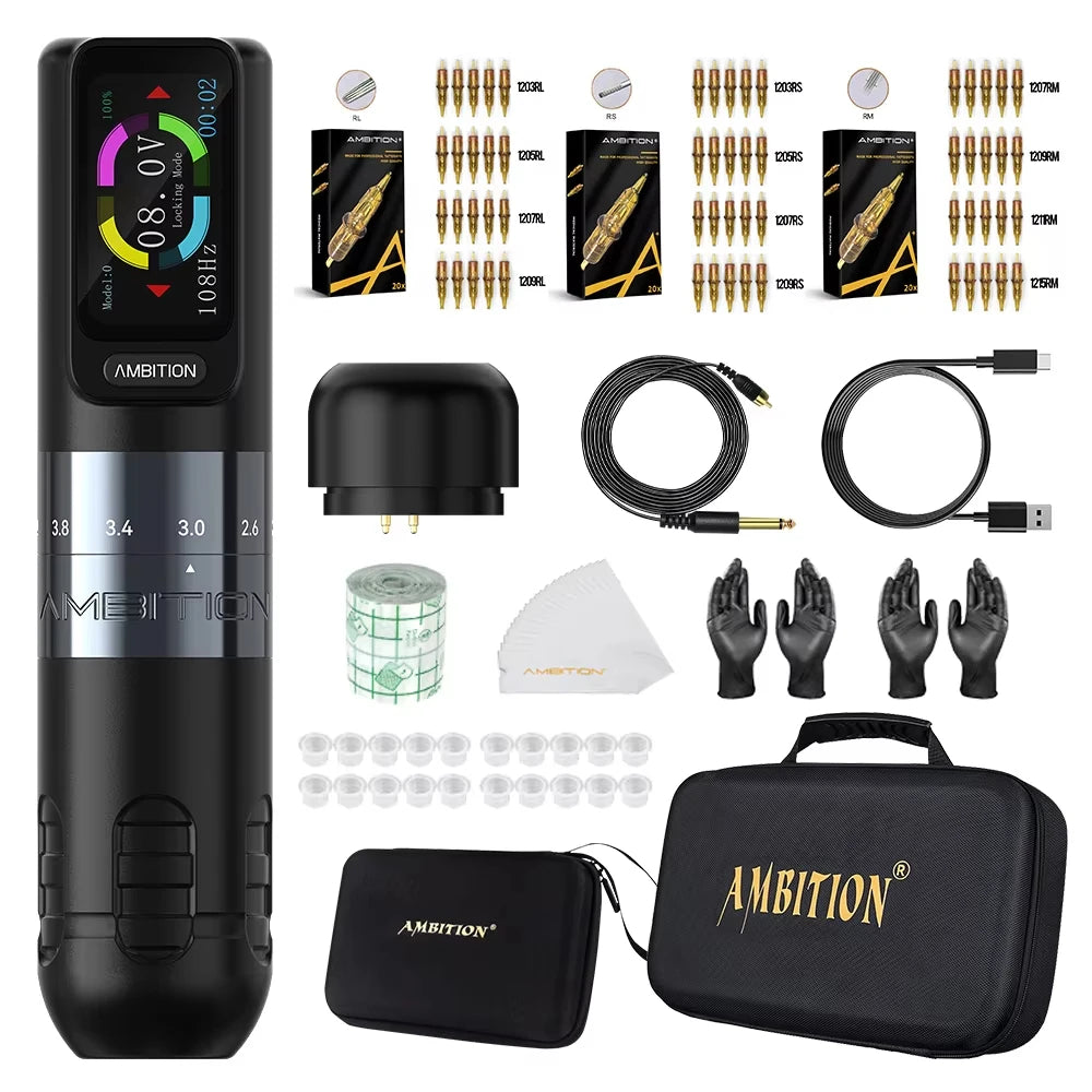 Ambition Seher 2400mAh Powerful Motor 2.2-4.2mm Adjustable Stroke Tattoo Gun Set Wireless Tattoo Machine Pen Complete Full Kit