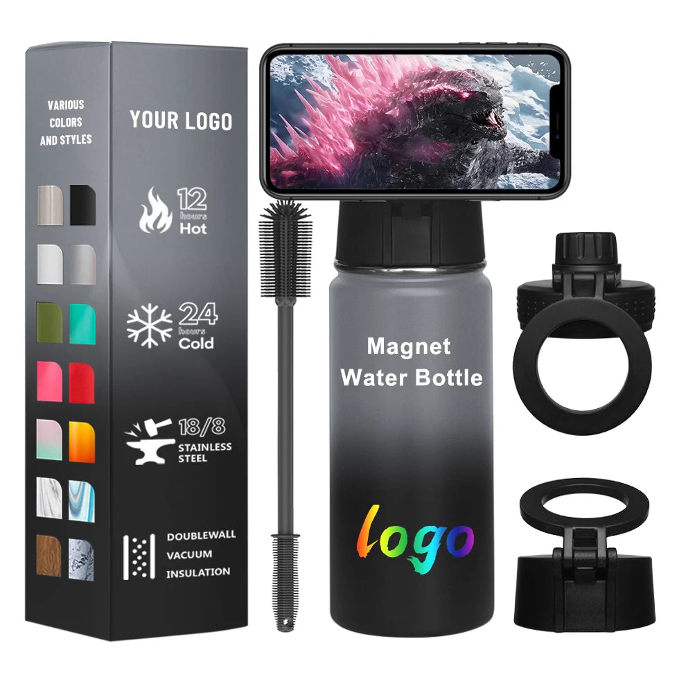 2024 Unique Magnet Water Bottle Design Logo Tripod Vacuum Thermos Flask Sports Magnet Water Bottle Phone Holder Travel Camping