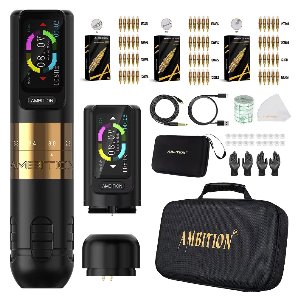 Ambition Seher 2400mAh Powerful Motor 2.2-4.2mm Adjustable Stroke Tattoo Gun Set Wireless Tattoo Machine Pen Complete Full Kit