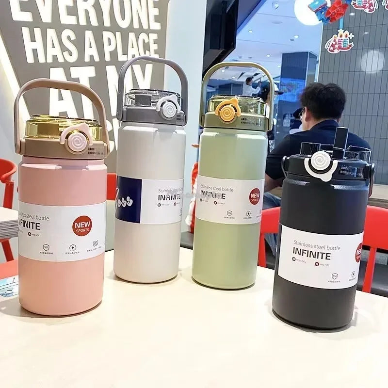 1.2L Large Capacity Bottle with Straw Stainless Steel Double Drinking Straw Thermal Water Bottle Keep Cold and Hot Thermos Cup