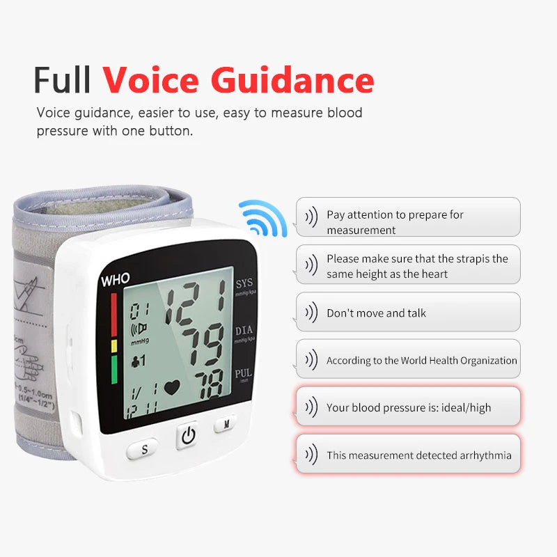 Rechargeable Digital Blood Pressure Monitor Wrist Electronic Sphygmomanometer Tensiometer With LCD Display, 2 x 99 Memory