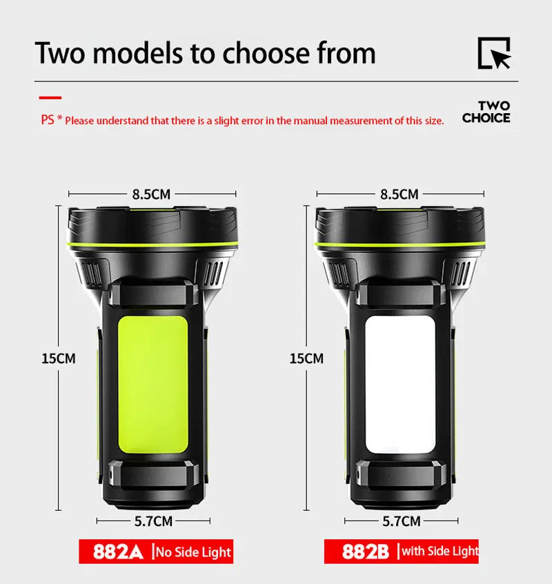 LED Strong Searchlight Flashlight Portable Hand Lamp Rechargeable 2 Lighting Modes Emergency Hiking Camping Energy Saving Torch