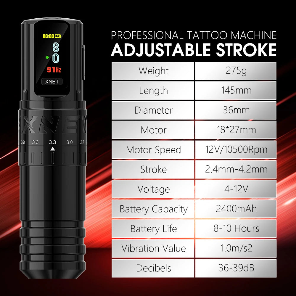 XNET Vipera Wireless Tattoo Machine Kit Adjustable Stroke 2.4-4.2mm OLED Display 60pcs Mixed Tattoo Cartridge for Tattoo Artists