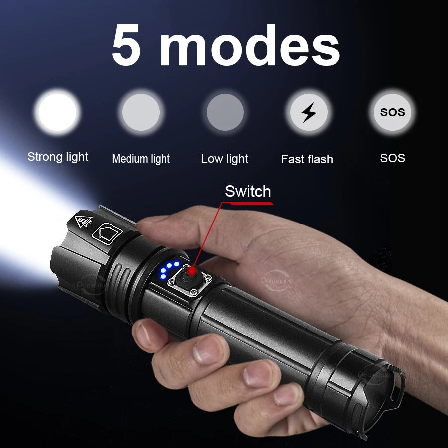 Most Powerful High Power Led flashlight 1000000LM XHP360 Rechargeable Led Flashlight Zoom Outdoor Tactical Lantern Hunting Torch