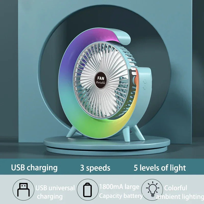 2025 Portable USB power Desk Fan 180 Degree Rotatable with Colorful Light Personal Table Fan for Home Office Bedroom Dorm