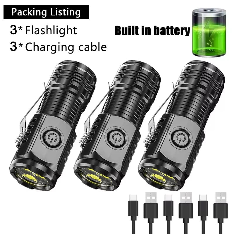 High Strong Power LED Flashlight Built-in Battery Type-C Rechargeable with Pen Clip Torch Outdoor Camping Emergency Lantern
