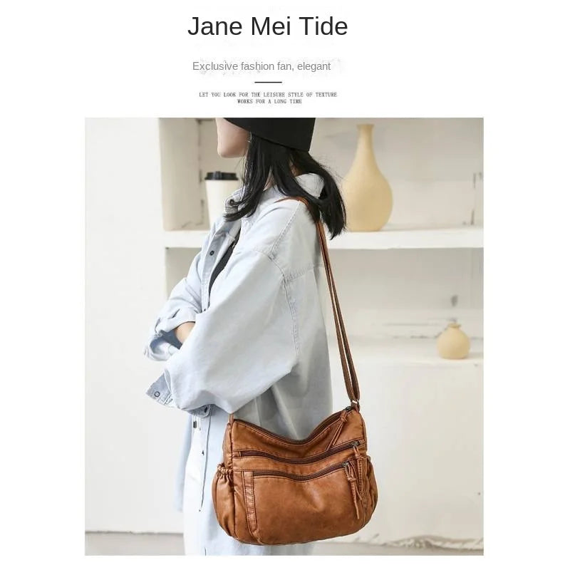 Washed leather women's bag 2024 European and American retro shoulder bag versatile large-capacity crossbody bag PU soft leather