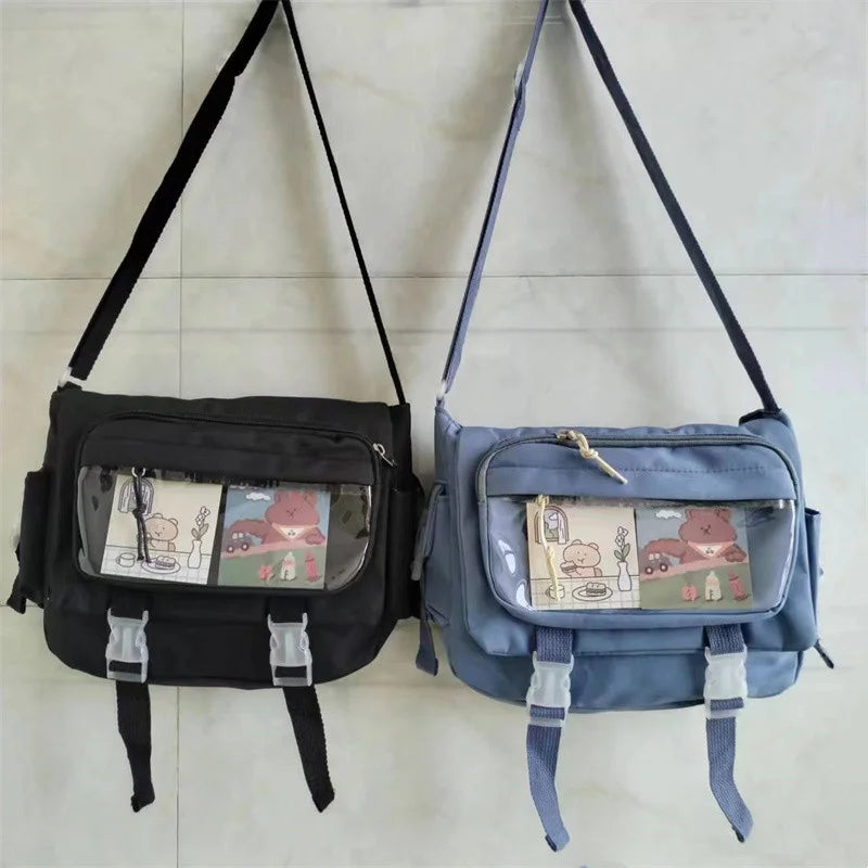 Large capacity student class crossbody canvas bag, women's versatile new Japanese Harajuku solid color mailman shoulder tote bag