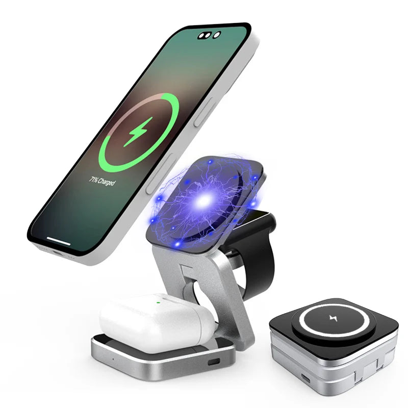 Magnetic Wireless Charging Station Foldable 3-in-1 for iPhone 12~15 Series AirPods iWatch Portable Travel Charger