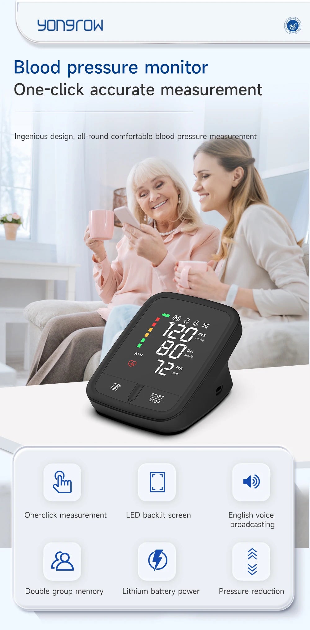 Yongrow Portable Digital Upper Arm Blood Pressure Monitor Measurement Tool Tonometer Sphygmomanometer