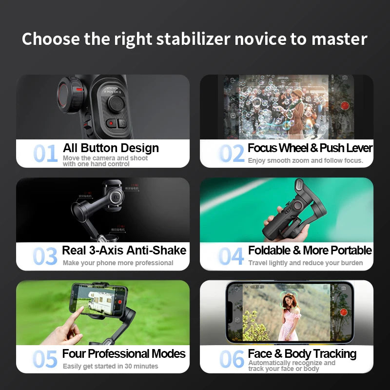 AOCHUAN 3-Axis Handheld Gimbal Stabilizer for Smartphone with Fill Light for iPhone Android Face Tracking Vlog