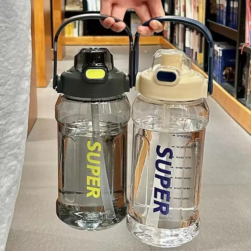Large-capacity sports straw cup with Measurement markings, Portable, Minimalist, and Impact-resistant water bottle.