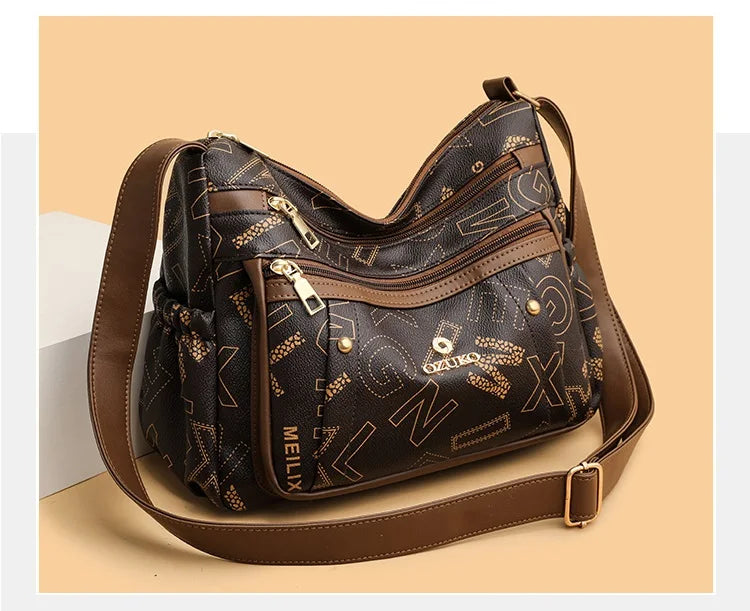 Ladies Middle-Aged Bag Large Capacity printed Work Clothing Soft Leather Multi-Pocket Cross-Body Bag Retro Shoulder Bag