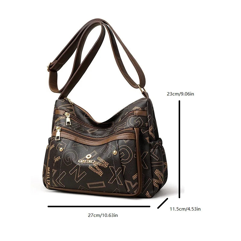 Ladies Middle-Aged Bag Large Capacity printed Work Clothing Soft Leather Multi-Pocket Cross-Body Bag Retro Shoulder Bag