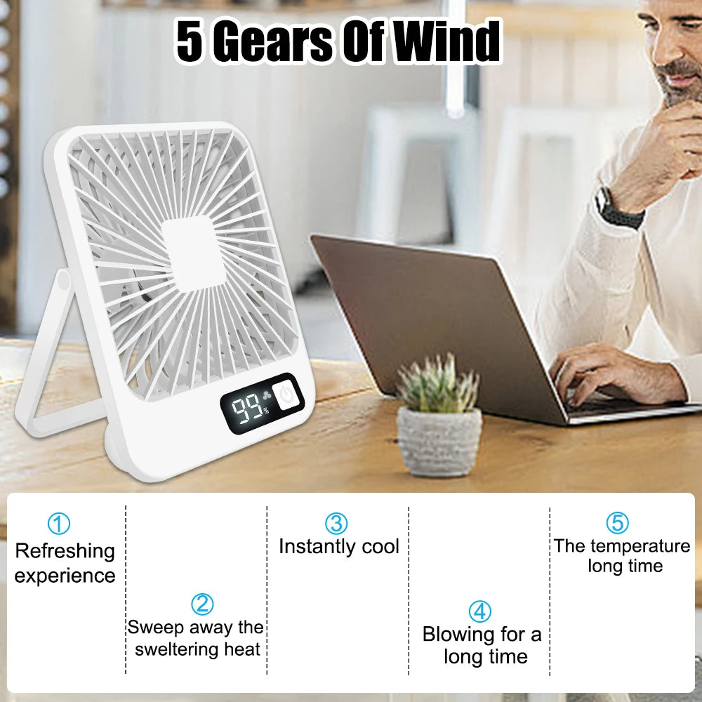 Desktop Fan Portable Fan Rechargeable 5-Speed Adjustment 180° Rotating Foldable Fan With Battery Digital Display Noise-Free Fan