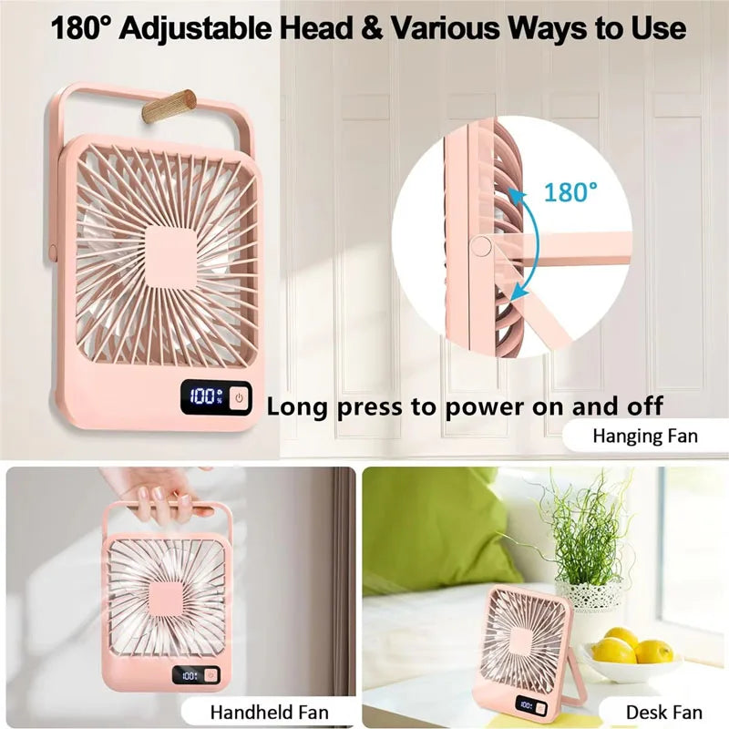 Desktop Fan Portable Fan Rechargeable 5-Speed Adjustment 180° Rotating Foldable Fan With Battery Digital Display Noise-Free Fan