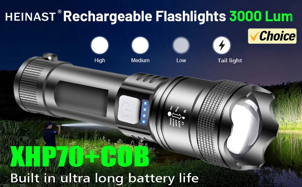 Powerful XHP50 LED Flashlight Waterproof 18650 Torch With Side Light 7 Modes Camping Fishing Lantern USB Rechargeable Zoom Lamp