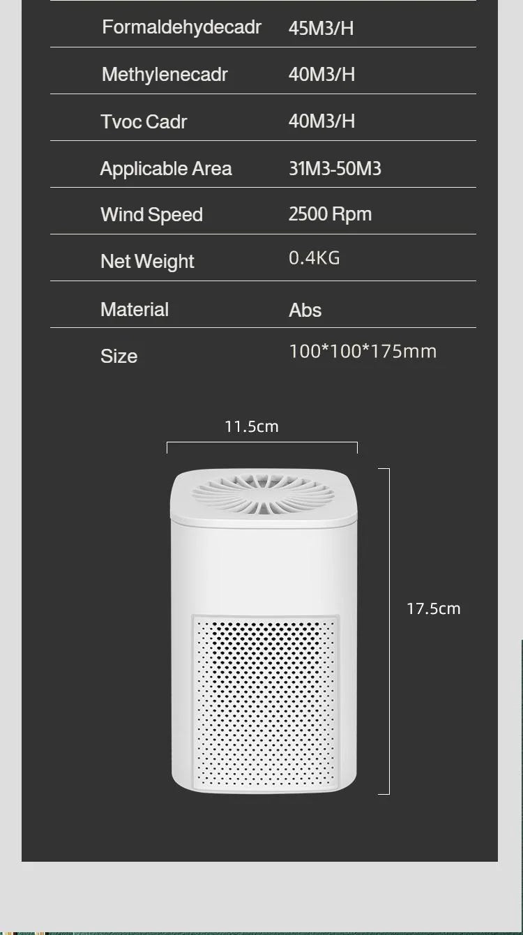Air Purifier Smoke Odor Negative Ion Generator Household HEPA Air Purifier Efficient Purifying Air Formaldehyde for Car and Room