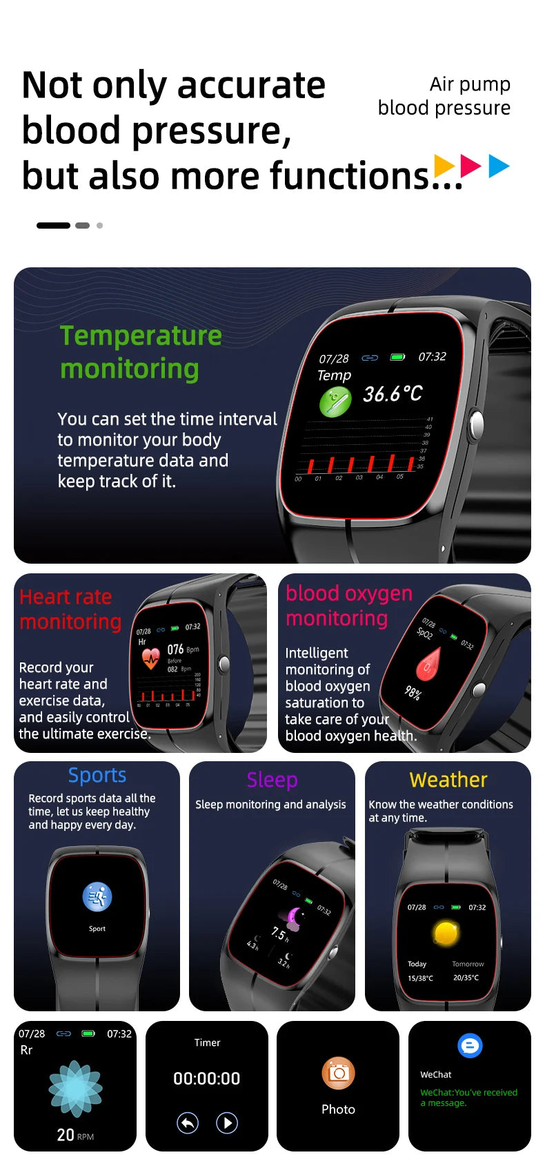 Medical Grade Smart Watch Air Pump Airbag Precise Sphygmomanometer Heart Rate Thermometer Monitor Wristband Elderly Health Watch