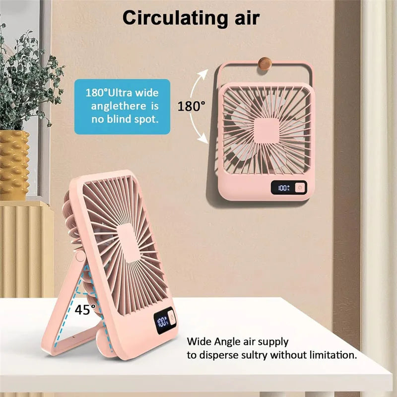 Desktop Fan Portable Fan Rechargeable 5-Speed Adjustment 180° Rotating Foldable Fan With Battery Digital Display Noise-Free Fan