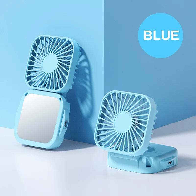 Handheld Portable Fan with Mirror, Mini Fan Small Personal Fan, 500mAh USB Rechargeable Neck Fan Foldable, Quiet Pocket Fan