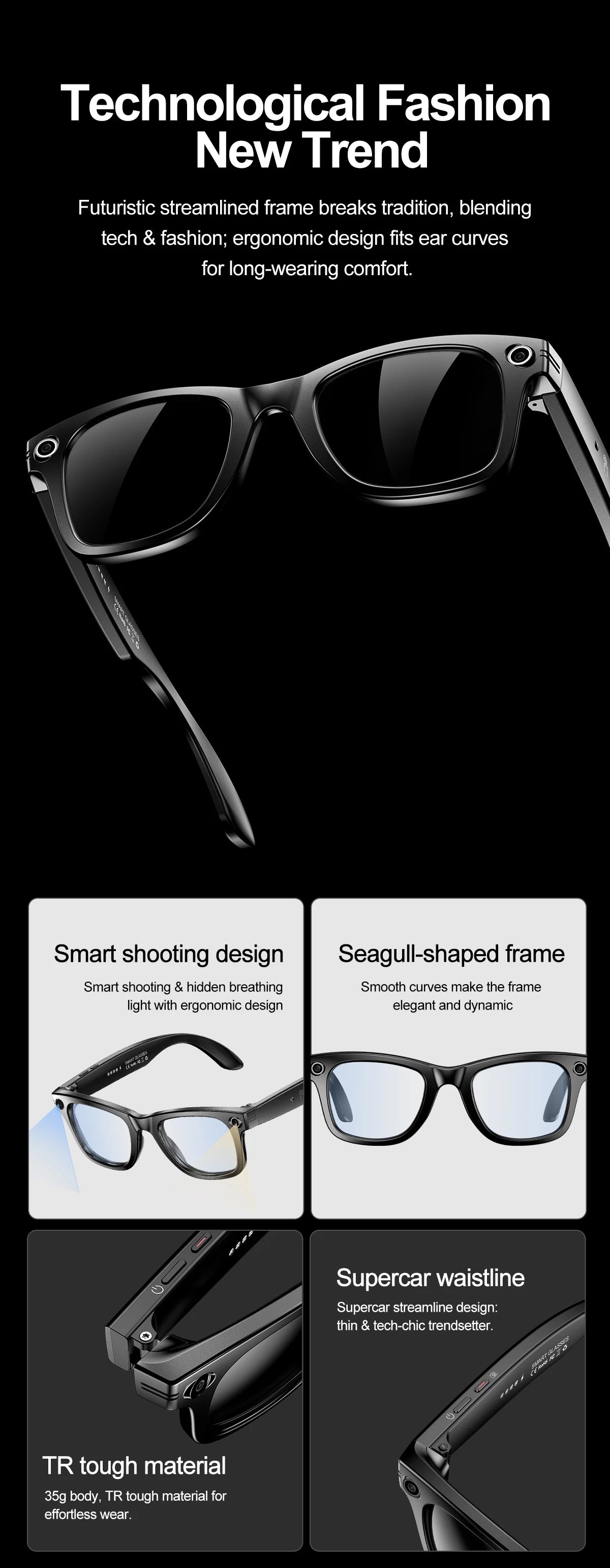 LIGE Fashion AI Camera Smart Glasses IP65 Waterproof Bluetooth Call Playing Music Smart Glasses Identify Pictures Use ChatGPT